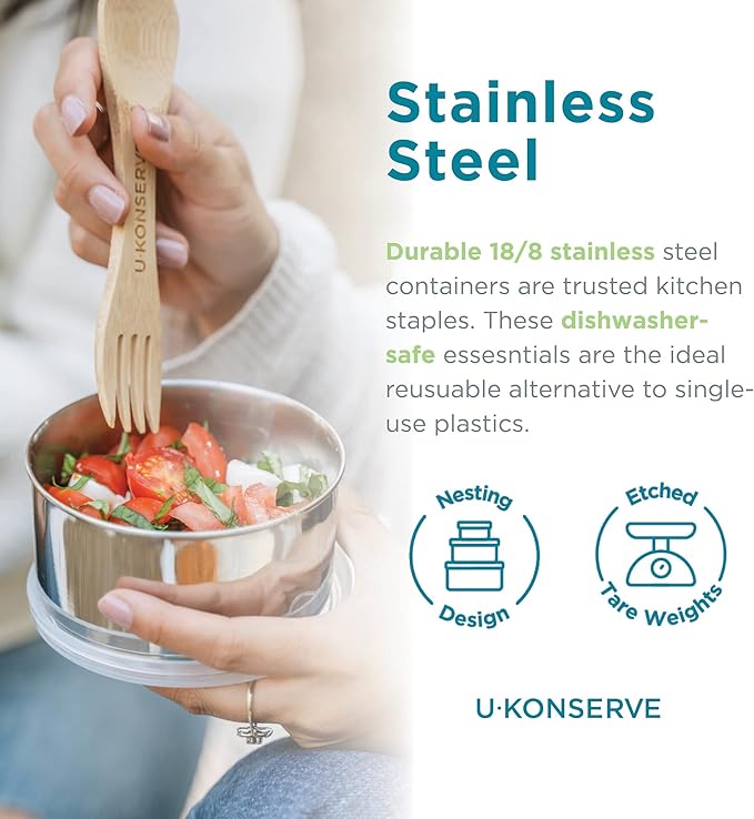 U Konserve Stainless Steel Set of Three Round Food/Condiment/Snack Mini Countainers with Silicone Lids, Leak Proof & Dishwasher Safe (3 oz)