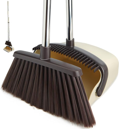 Broom and Dustpan Set with Long Handle, Heavy Dust Broom and Dustpan Combo for Home，Kitchen, Office, Pet Hair(Beige)