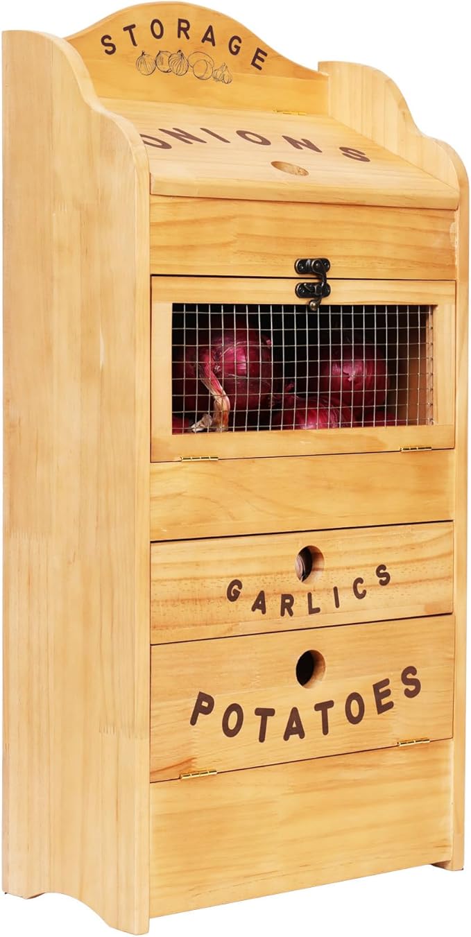 Potato Bin Veggie Organizer Rustic Pine Wood Potato, Onion & Garlic Storage Bin | Kitchen Organizer | Solid Wood Veggie Box | Compact Kitchen Box (13.77" L x 7.1" W x 29.3" H)