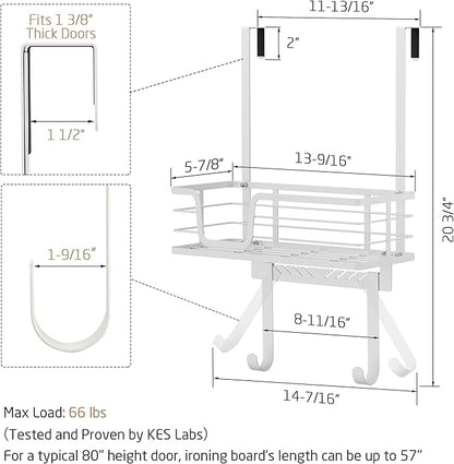 KES Over The Door Ironing Board Holder, Ironing Board Hanger Over Door Organizer with Storage Shelf Y and T Shaped Fits for 1 3/8 Doors White, HIR501A-WH