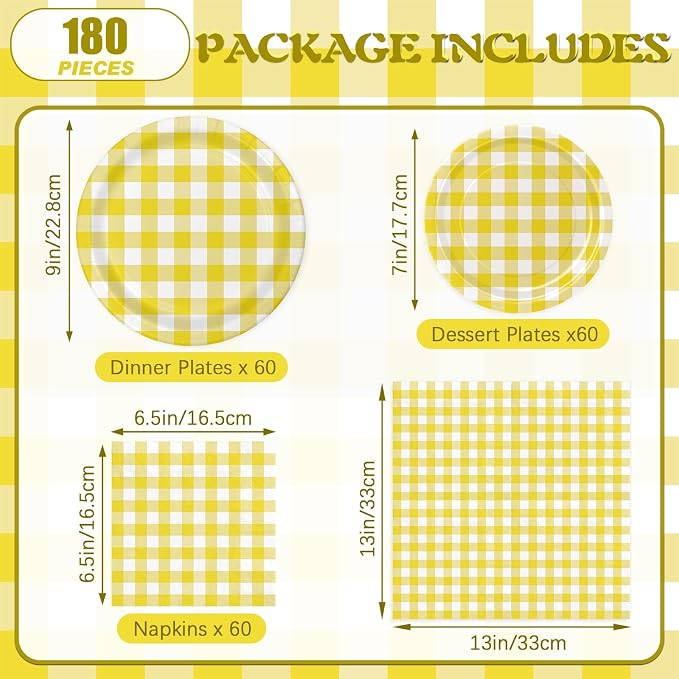 180Pcs Yellow Gingham Party Supplies Paper Plates and Napkins Serve 60 |
