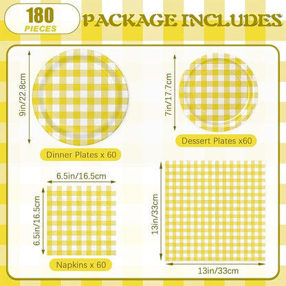 180Pcs Yellow Gingham Party Supplies Paper Plates and Napkins Serve 60 |