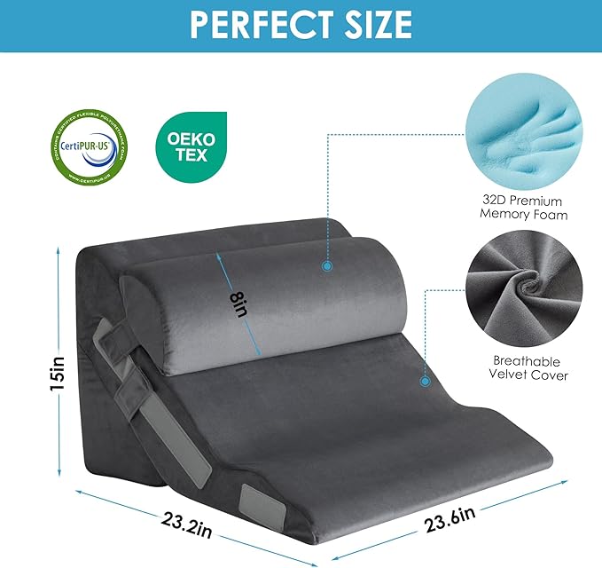 3PCS Bed Wedge Pillow for Headboard, Adjustable Wedge Pillow for Sleep Apnea, 23” Wide Triangle Pillow Wedge Set for After Surgery, Acid Reflux Relief, Snoring, Neck&Back Support, Grey