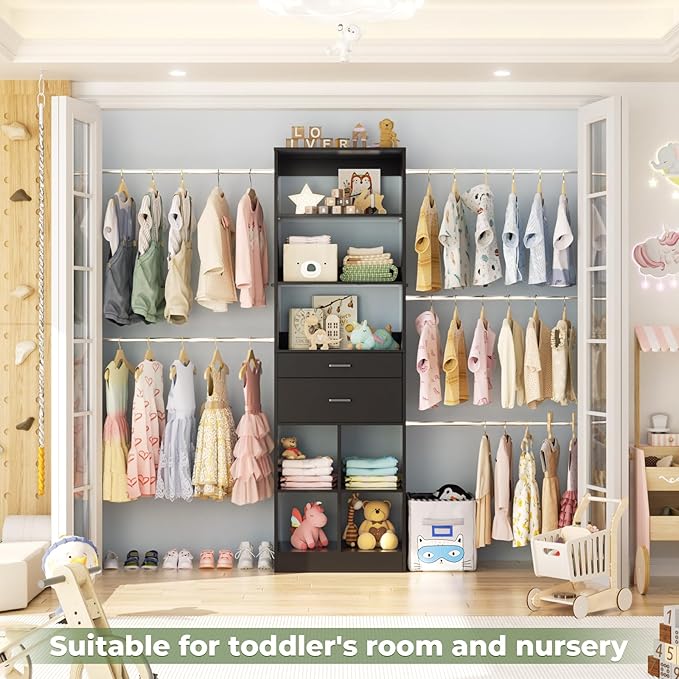 Closet System, 4-8 FT Closet Organizer Tower with 2 Wooden Drawers and Shelves, Can Fit 60 to 96 inch Walk-in Closet System with 5 Hang Rods, Built-in, Black