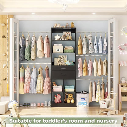 Closet System, 4-8 FT Closet Organizer Tower with 2 Wooden Drawers and Shelves, Can Fit 60 to 96 inch Walk-in Closet System with 5 Hang Rods, Built-in, Black