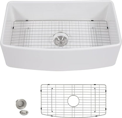 33 White Farm Sink - Fulorni 33"x20" Curved Apron Front Farmhouse Kitchen Sink Ceramic Porcelain Fireclay Single Bowl Farmer Style Basin