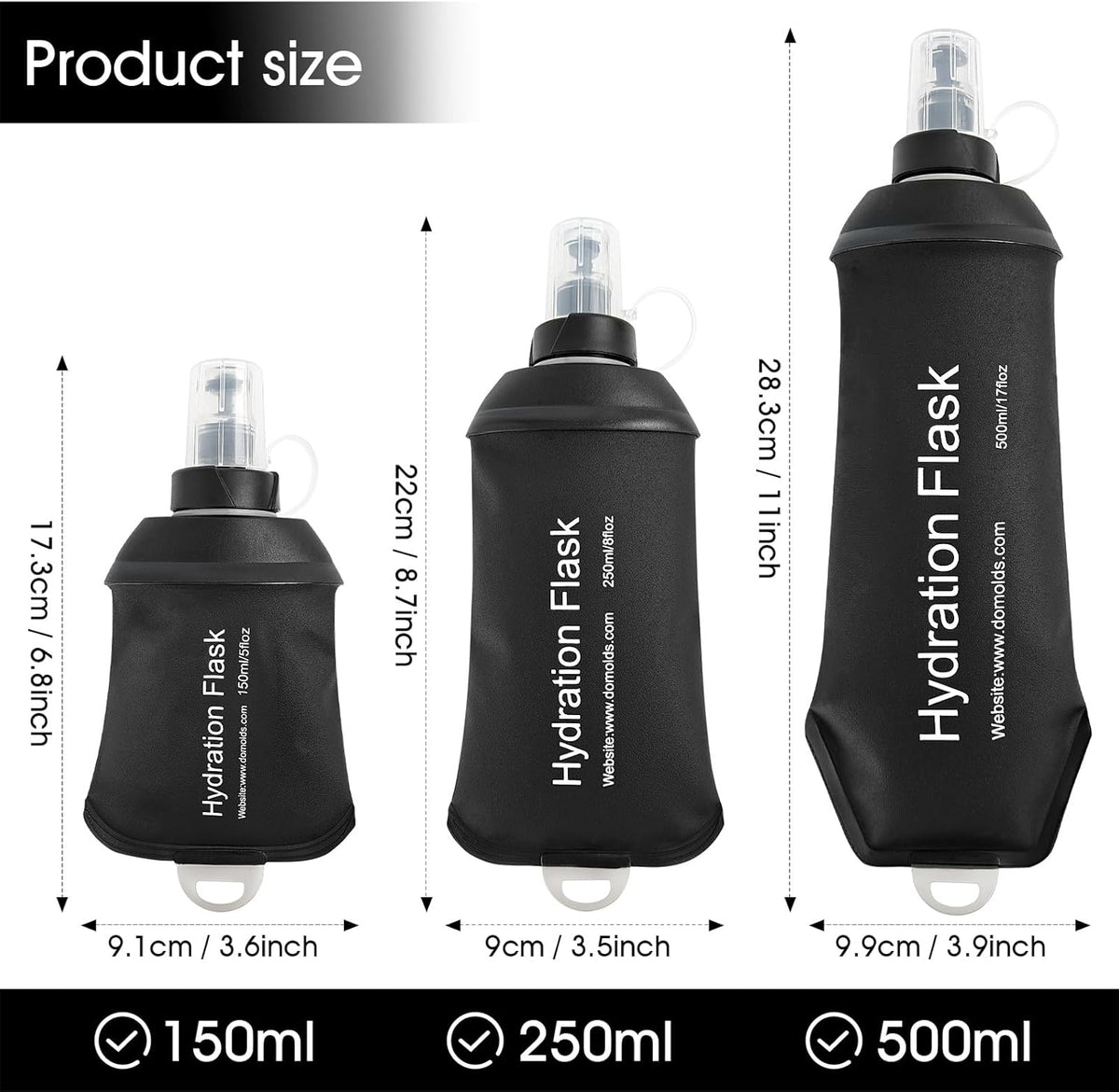 GYGYL Soft Flask, TPU Collapsible Soft Water Bottle for Hydration Pack, Running Vest, Leak-Proof Folding Water Bottle for Hiking Cycling Climbing Jogging-500ml Black
