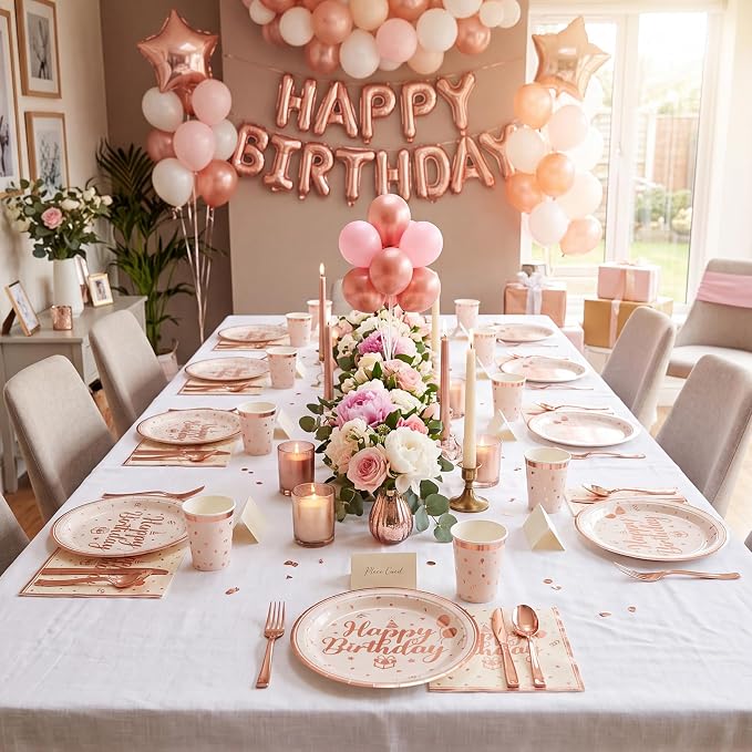 NatNarr 50 Pcs Happy Birthday Plates and Napkins Set, 7 Inch Pin Rose Gold