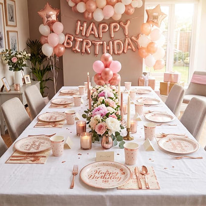 NatNarr 50 Pcs Happy Birthday Plates and Napkins Set, 7 Inch Pin Rose Gold