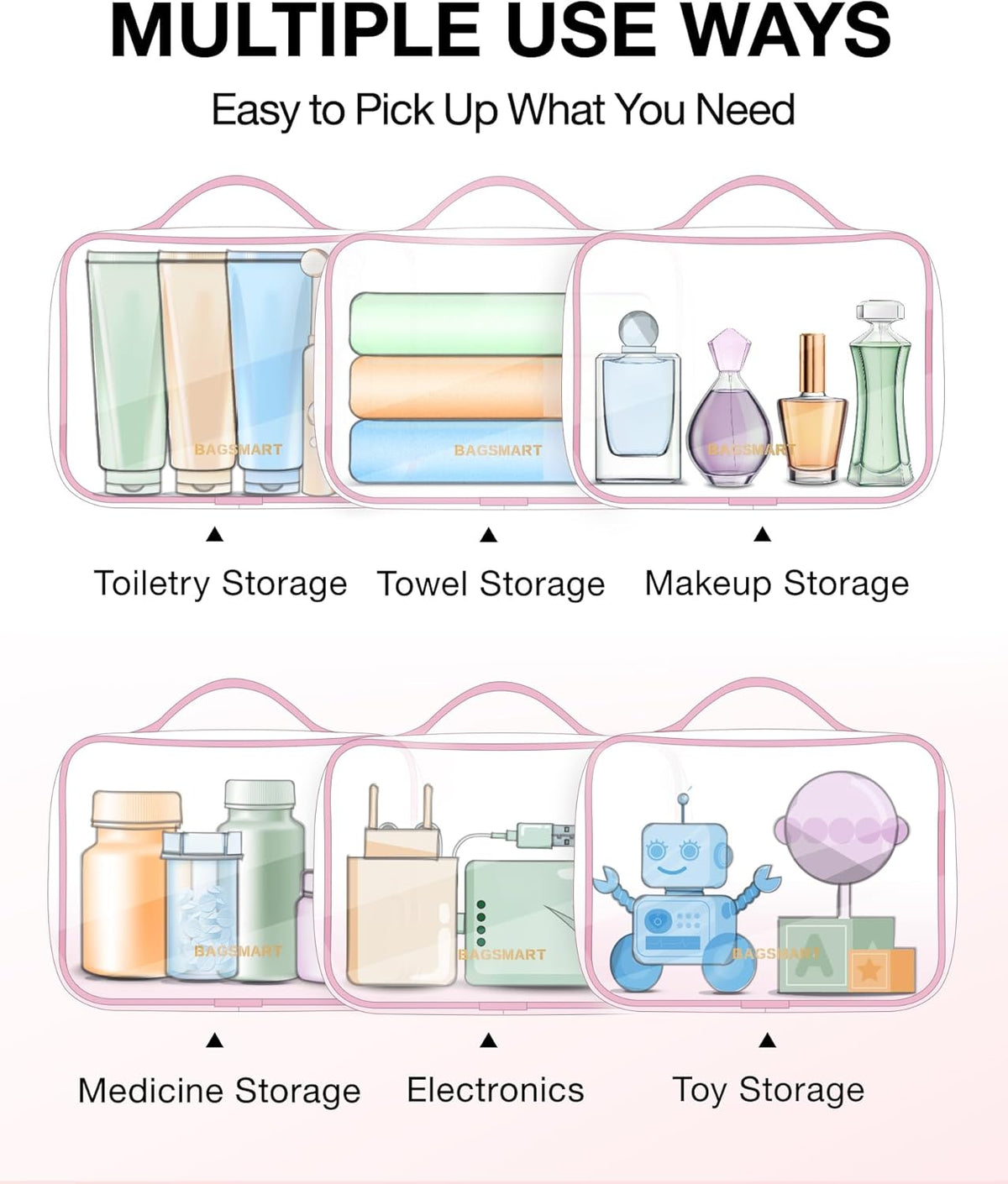 BAGSMART TSA Approved Clear Toiletry Bag, 3 Packs Quart Size Water Resistant Makeup Cosmetic Bags for Women, Airport Airline Travel Essential Carry On Organizer with Handle Large Opening, Pink