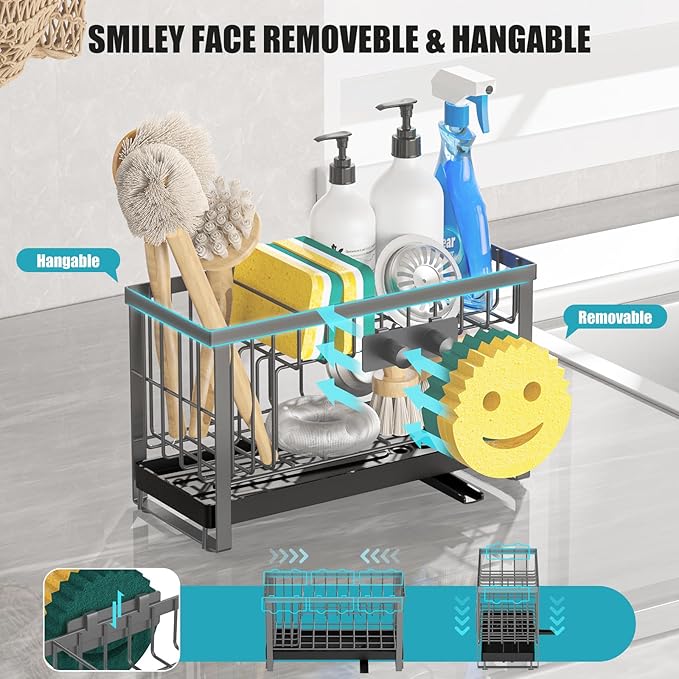 Sponge Holder for Kitchen Sink with Flexible Sponge Holder Smiley Face,2 Tier Kitchen Sink Organizer Countertop and Storage Essentials,Soap Dispenser Organize,Home Decor Accessories-Gray