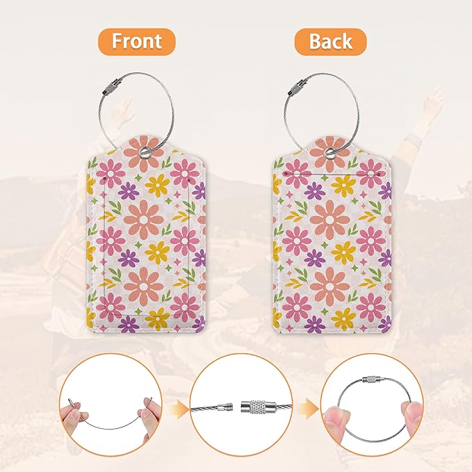 3 Pcs Luggage Tag for Suitcases,Flowers Hippie Wavy Swirl Checkered Leather Baggage Tags Identifiers for Travel,Privacy Protection Travel Bag Labels Suitcase Tags for Women Men