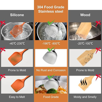 304 Stainless Steel Kitchen Utensils Set, 12 Pcs Long Metal Utensils Set with Potato Masher, Spoon, Ladle, Skimmer, Turner, Pasta Server, Tongs etc(Dishwasher Safe)
