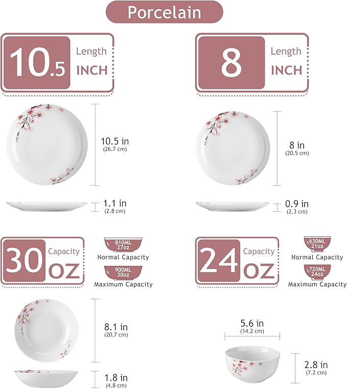 VEWEET Dinnerware Sets for 6, 24 Pieces Porcelain Plates and Bowls Set with Pink Floral, Classic Dishes Set Dining Ware for Dinner, Microwave Dishwasher Safe, Series ANNIE