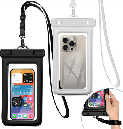 IPX8 Floating Waterproof Phone Pouch 2-Pack,7.2 Inch Waterproof Pouch for iPhone16/15/14 Pro Max Galaxy S24/S23 Adjustable Lanyard + Wrist Strap Beach Swimming Travel Essentials Black White