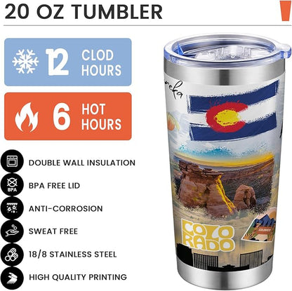 20oz Insulated Tumbler Colorado State Coffee Mug, United States Map Travel Mug Landmark, Birthday Gifts Cute Custom Tumbler Cups with Lid and Straw Mothers Day Gifts
