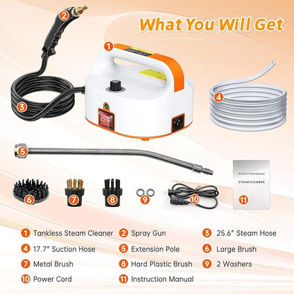 4.5BAR Handheld Steam Cleaner, 2500W Portable Steam Cleaner for Home for Car Kitchen Furniture Floors Cleaning, Tankless Design, 6-Speed Pressurized Steam Machine with 3 Brush Heads, Orange
