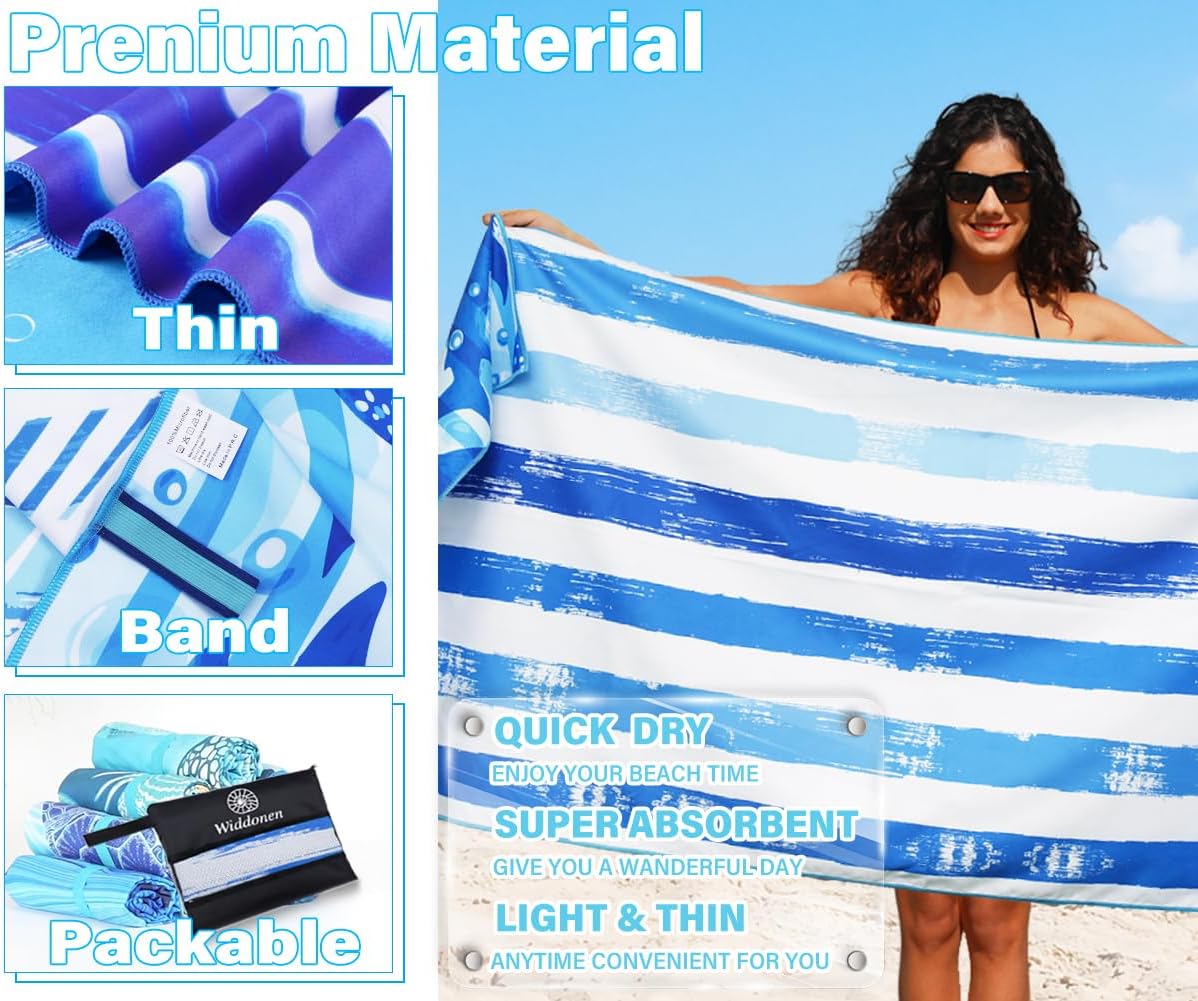 Lightweight Thin Microfiber Beach Towel Sand Free Quick Dry Absorbent Compact Soft Pool Swim Travel Towels Extra Large Oversized Beach Accessories Packable Essentials Stuff Gifts for Adult