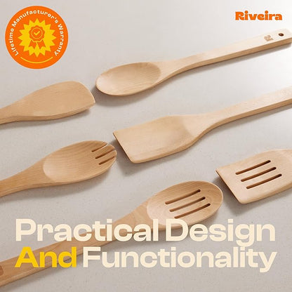 Riveira Maple Wooden Cooking Utensils Set of 6 Premium Non-Toxic Wooden Spoons & Spatula for Cooking