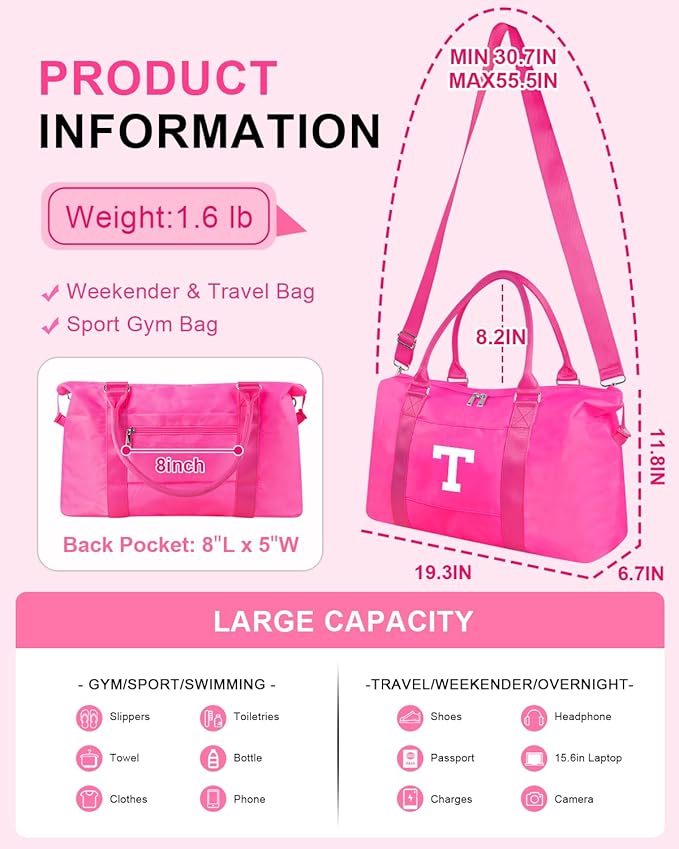 Overnight Bag for Kids Teen Girls Weekender Dance Bag Birthday Graduation Gifts,Initial Travel Duffel Bag Sports Gym Bag Personalized Weekender Bag Carry On Bags Preppy Gifts for Women(Hot Pink, T)