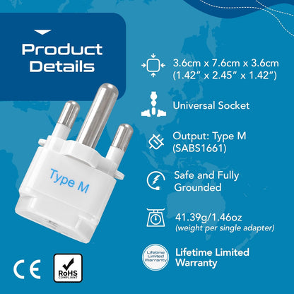 Ceptics South Africa Travel Plug Adapter (Type M) - 3 Pack [Grounded & Universal] (GP-10L-3PK)