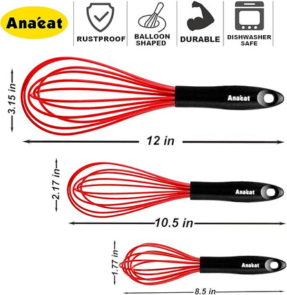 Anaeat Silicone Whisk, Thick Stainless Steel Wire Inner - Heat Resistant Kitchen Whisks for Non-Stick Cookware, Balloon Egg Beater for Whisking, Blending, Beating, Frothing & Stirring (Red)