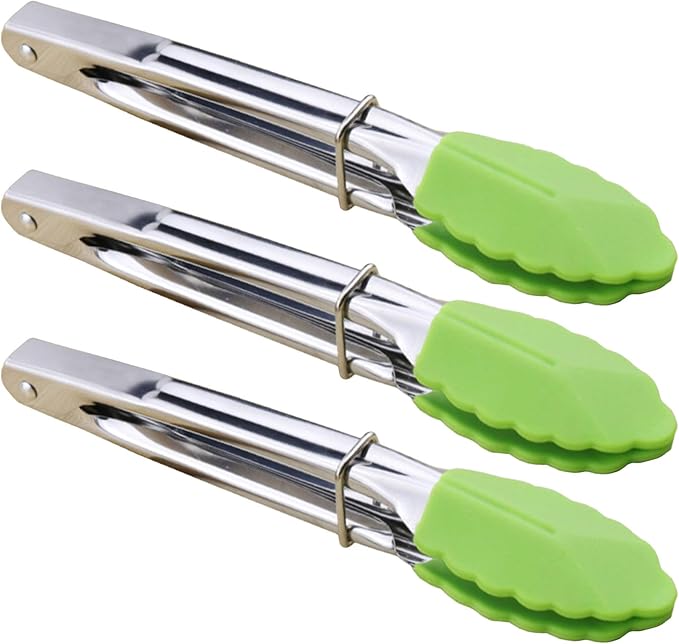 Mini Tongs with Silicone Tips 7 Inches Silicone Cooking Tongs, Set of 3 (Green)