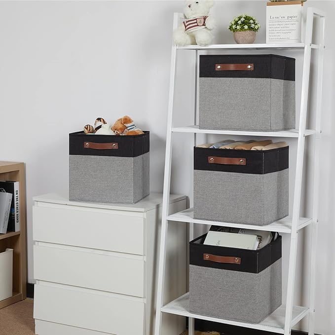 Temary Fabric Cube Storage Bins 12 Inch Decorative Storage Cubes Baskets 4 Pack Foldable Cube Storage Bins for Closet, Shelves (Black&Grey)