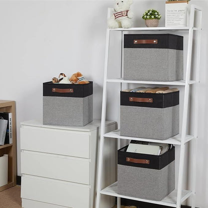 Temary Fabric Cube Storage Bins 12 Inch Decorative Storage Cubes Baskets 4 Pack Foldable Cube Storage Bins for Closet, Shelves (Black&Grey)