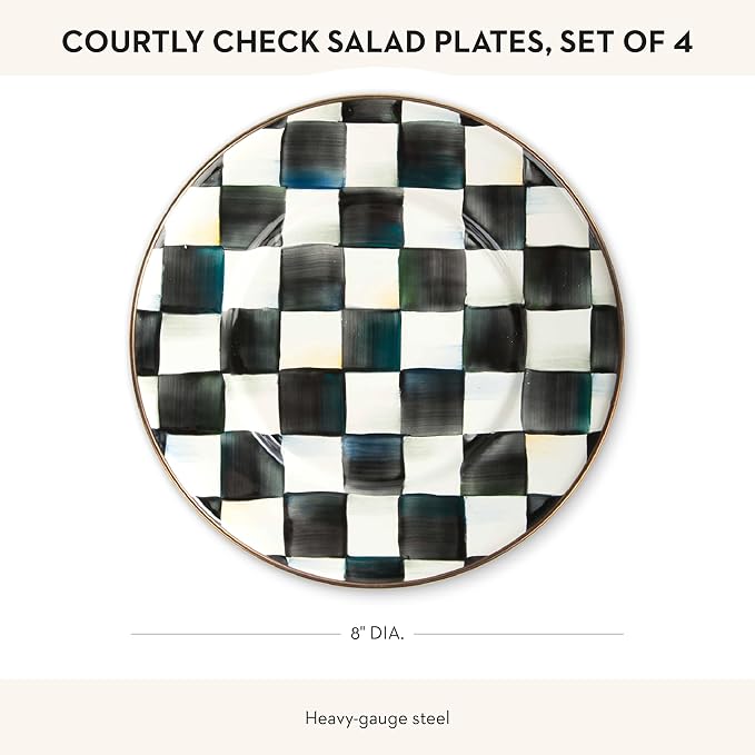 MACKENZIE-CHILDS Enamel Salad and Dessert Plate, Small Plate for a Dessert or Appetizer Dish, 8 Inches, Set of 4, Black-and-White Courtly Check