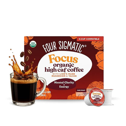 High Caffeine Mushroom Coffee K-Cups by Four Sigmatic | Organic Dark Roast Coffee with Lion’s Mane & Chaga | Focus & Immune Support | Vegan & Keto | Sustainable Pods | 24 Count