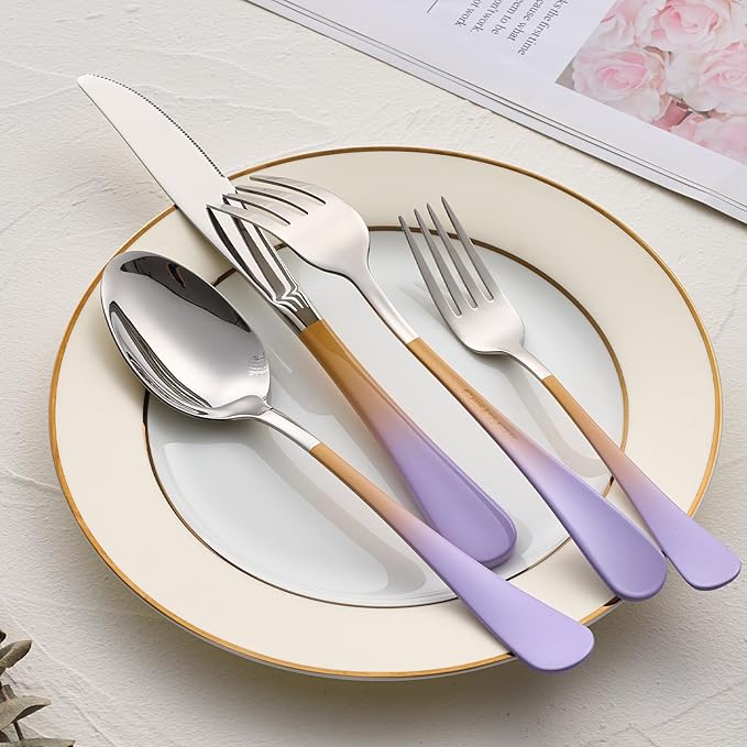 Colorful Silverware Set 20 Piece 18/0 Stainless Steel Flatware Purple and Orange Handle Cutlery Set Service for 4 Fork Knife Spoon Set Mirror Finish Dishwasher Safe