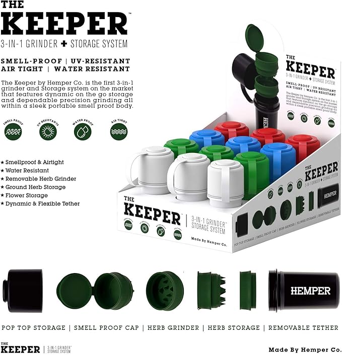 Hemper Keeper 3‑in‑1 Herb Grinder with Dual Storage Container - Smell‑Proof, Airtight & Water‑Resistant - Built‑In Removable Grinder, Dual Compartments for Flower & Ground - (Black)