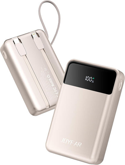Portable-Charger-Power-Bank Travel Essentials Battery Pack USB C 30000mAh Built in Cable 22.5W Phone Fast Charging Powerbank Compatible with iPhone 16 15 14 13 12 11 iPad Google Xiaomi (Gold)