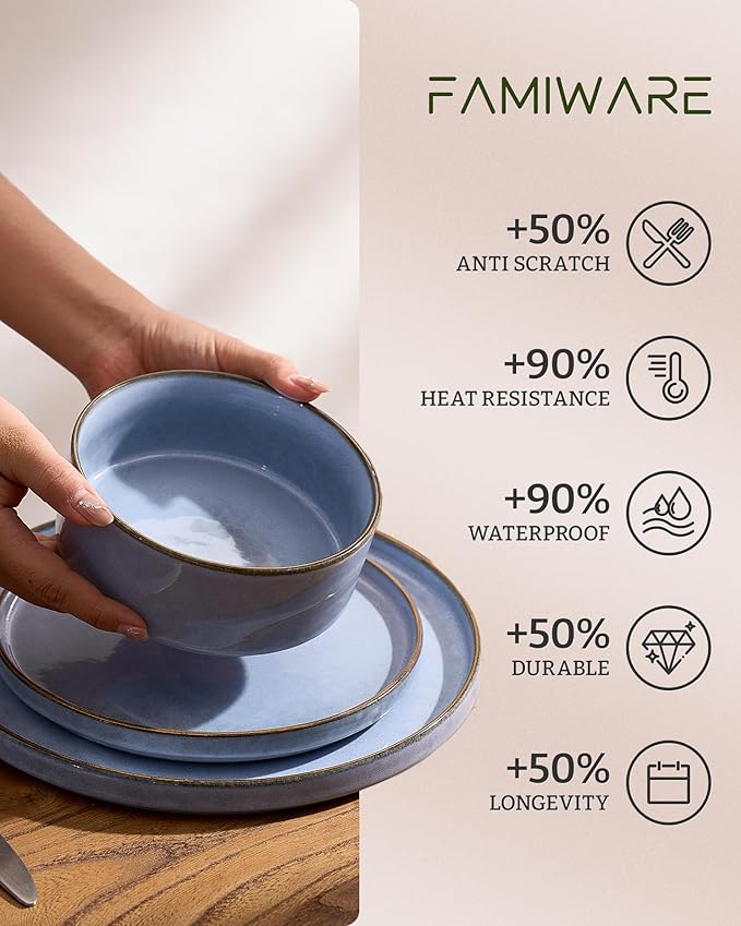 Famiware Annecy Plates and Bowls Sets, 12 Pieces Dinnerware Sets, Microwave and Dishwasher Safe Dishes Set for 4, Chip and Scratch Resistant, Reactive Blue