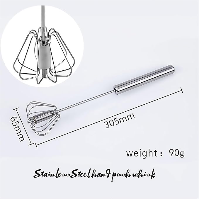 Stainless Steel Egg Whisk, Hand Push Rotary Whisk Blender, Versatile Milk Frother, Hand Push Mixer Stirrer for Blending, Whisking, Beating & Stirring (12in)