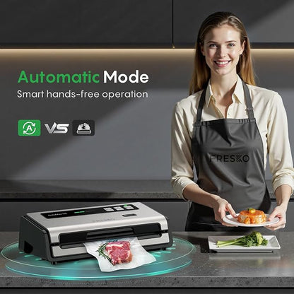 FRESKO Food Vacuum Sealer with Automatic Bag Detection, Double Heat Seal, Built-in Bag Roll Storage & Cutter, 2 Rolls Bags, Starter Kit