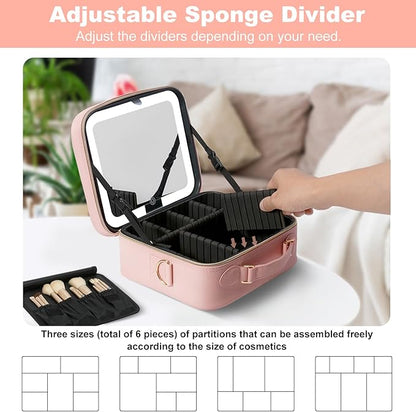 Mocado Travel Makeup Bag with LED Lighted Mirror, Travel Makeup Organizer, Makeup Case with 3 Color Lighted Setting and 10x Magnifying Mirror, Portable Storage and Adjustable Dividers Makeup Box(Pink)