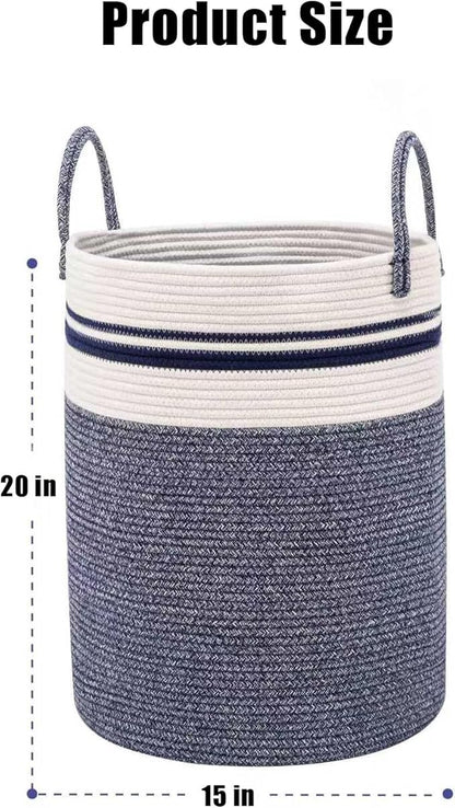 Woven Laundry Basket Hamper,60L Versatile Storage for Blankets,Toys and Clothes,Decorative and Storage for Living Room,Bathroom and Bedroom and Baby Nursery（Large-Blue）