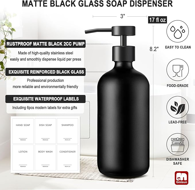 GMISUN Black Soap Dispenser, 2 Pack Matte Black Hand Soap Dispensers for Bathroom, 17 Fl Oz Glass Dish Soap Dispenser for Kitchen with Stainless Steel Pump, Modern Liquid Soap Bottle Set