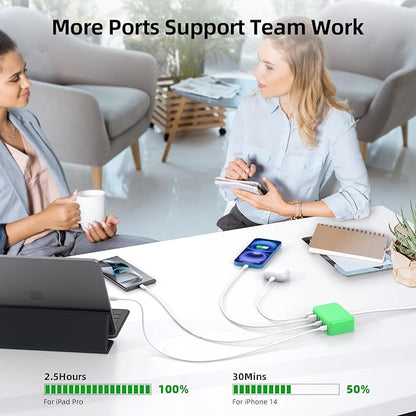 USB C Charger Block, 100W GaN 6 Port PD USB C QC USB A Wall Charger Adapter Plug Cube, Super Fast Type C Charging Station Hub for iPhone 16 15 14 13 12 Pro Max iPad Samsung Pixel 5ft Extension Cord