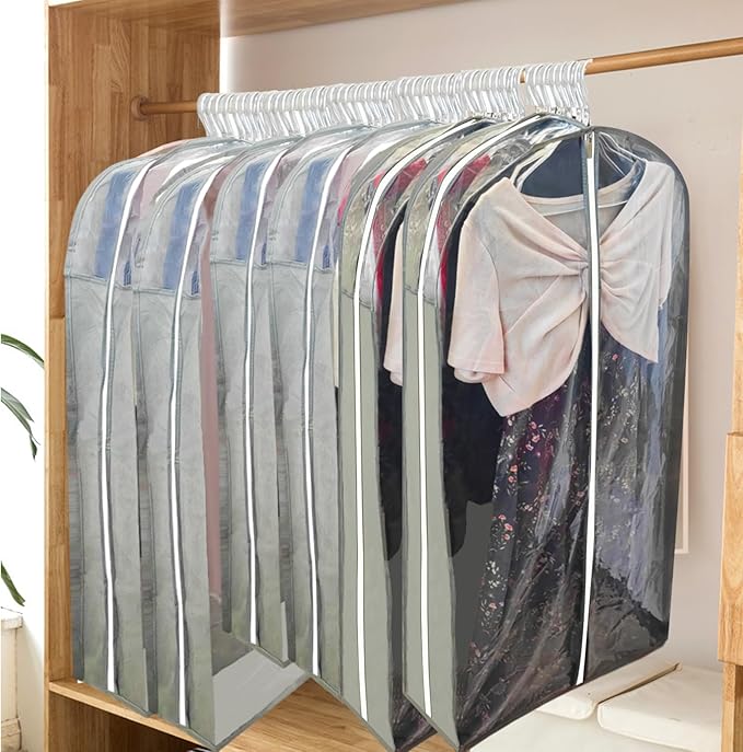 Extra Long Dress Bags for Gowns with 6.3" Gusset, 60" Clear Garment Bags for Hanging Clothes, Dresses Covers and Side Zipper Protector for Storage Clothing, Closet and Travel 3 Packs