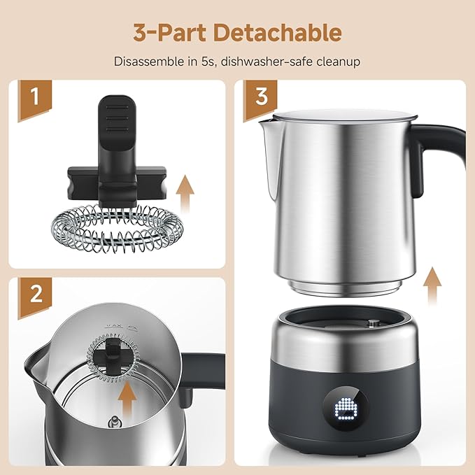 Milk Frother and Steamer [Upgraded], AMZCHEF All-in-1 Detachable Frother for Coffee 600W, Automatic Warm and Cold Foam Maker, Stainless Steel Jug, Dishwasher Safe, LED Display