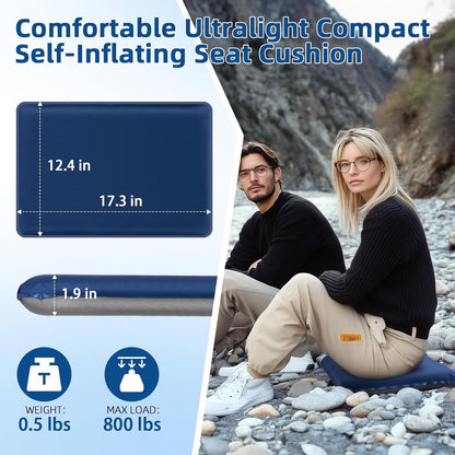 Inflatable Seat Cushion, Lightweight Self-Inflating Memory Foam Seat Cushion for Stadium Camping, Airplane Travel, Bleachers, Waterproof Portable Cushion Chair Pad with Carry Bag (Blue Grey)