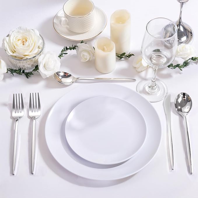 PULOTE 300PCS Silver Plastic Silverware Disposable - Heavy Duty Silver Plastic Cutlery - Disposable Utensils Set Include 100 Knives, 100 Forks and 100 Spoons for Party & Wedding