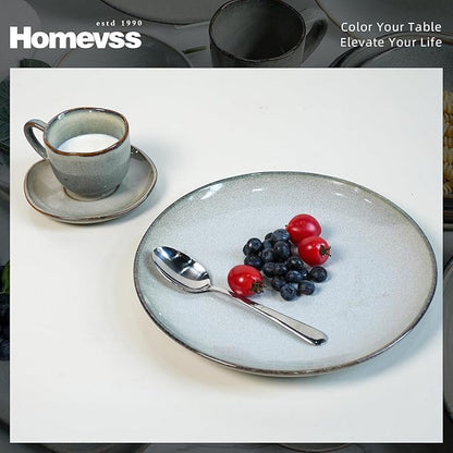 Highland 16pc Dinnerware Set, Unique Organic Shape Double Bowl, Stoneware Plate & Bowl Dish Set Service For 4, Scratch Resistant, Microwave & Dishwasher Safe, Natural Reactive Glaze, Grey