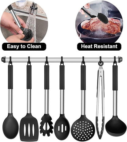 E-far Silicone Cooking Utensils Set, 7 Pcs Heat Resistant Kitchen Utensils with Stainless Steel Handle, Slotted Turner, Spoon, Soup Ladle, Pasta Server, Skimmer, Tongs for Nonstick Cookware, Black