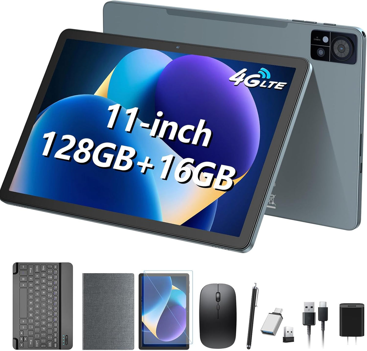 11 Inch Tablet, Android 14 Tablet with Sim Card Slot, 128GB+16GB+1TB Expandable, 2.0Ghz Octa-Core, 8000mAh Battery, Incell Screen, 21+8MP Dual Camera, 5G WiFi, Tableta with Keyboard/Mouse/Case, Gray