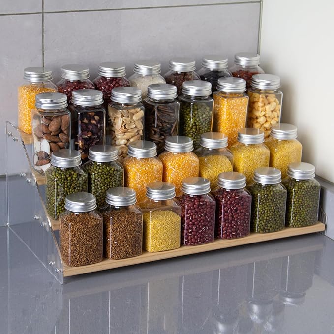 nianfeng Tiered Spice Rack, 4-Tier Spice Pantry Kitchen Cabinet Organizer, 16-Inch, Natural Wood Acrylic Stair Riser Stand, Countertop Seasoning Shelf