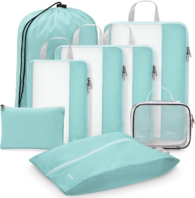 Gonex 8 Set Compression Packing Cubes for Travel, Expandable Mesh Packing Organizer for Travel Accessories Essentials with Toiletry Bag, Laundry Shoe Cable Bag for Suitcases, Grey Blue-green